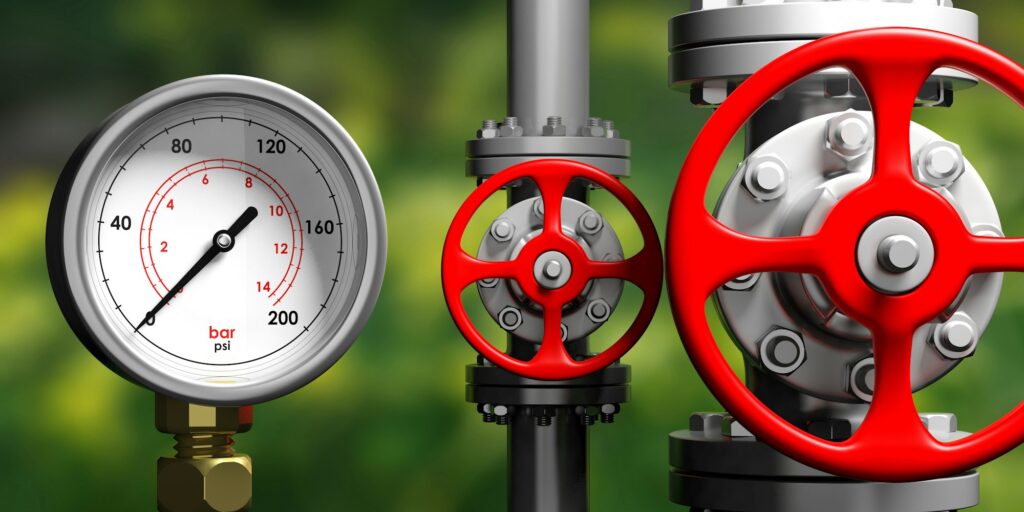 Industrial manometer, pipelines and valves on blur green background, 3d illustration